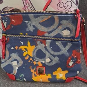 EUC Dooney & Bourke Graffiti Blue and Red DenimCrossbody Bag